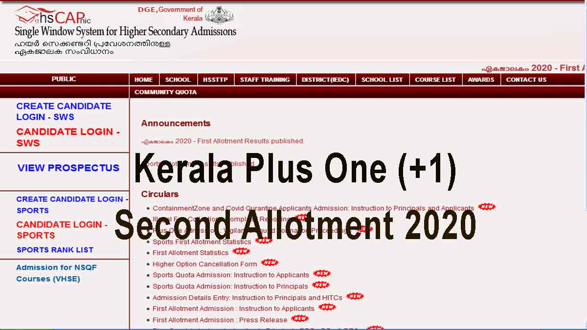 Kerala Plus One Second Allotment 2020
