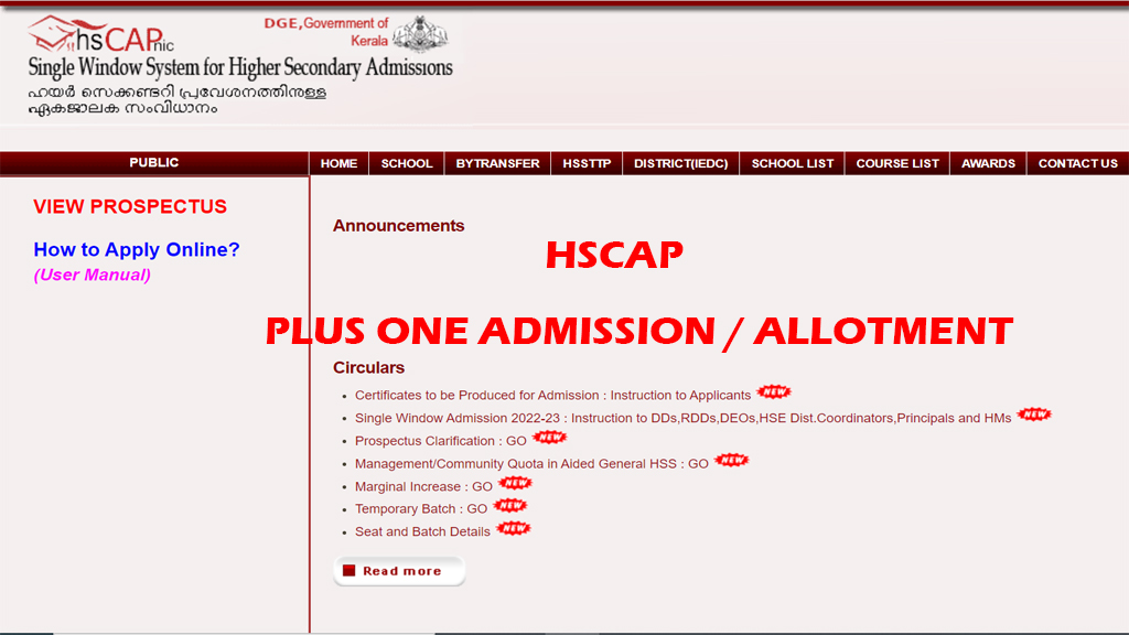 HSCAP Plus One Admission / Allotment